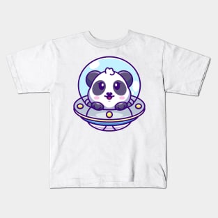 Cute panda flying with spaceship ufo cartoon Kids T-Shirt